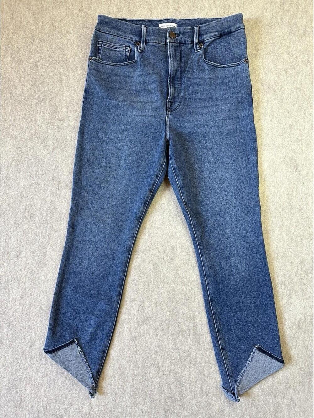 GOOD AMERICAN Good Waist Tacked Hem Organic Cotton Crop Jeans Size 10/30 Blue